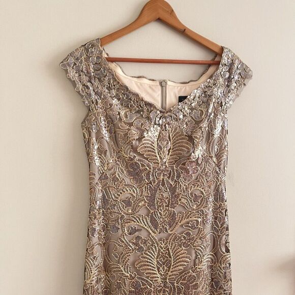 BHLDN Tadashi Shoji Odette Dress 8 Champagne Lace Sequin Gown Embroidered Formal - Picture 13 of 16